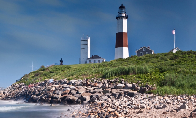 Daytime view of the historic Montauk Point Lighthouse