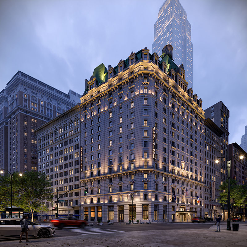 Evening rendering of the updated Martinique New York Hotel - Rendering by StudioStasis3D