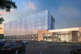 Evening rendering of the new South Shore University Hospital pavilion in Bay Shore, Long Island - Courtesy of EwingCole
