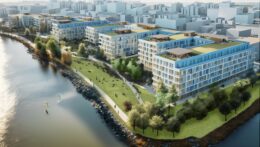 Aerial rendering of the New Stapleton Waterfront. Rendering courtesy of GF55 Architects.