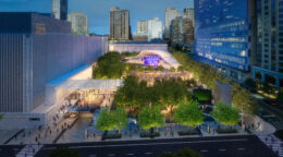 Aerial view from Amsterdam Avenue looking east; visible are new streetscape, gardens, and theater. Rendering by Brooklyn Digital Foundry.