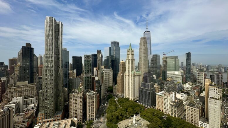 Looking south at the Lower Manhattan skyline from the top of the David N. Dinkins Municipal Building at 1 Centre Street. Photo by Michael Young.
